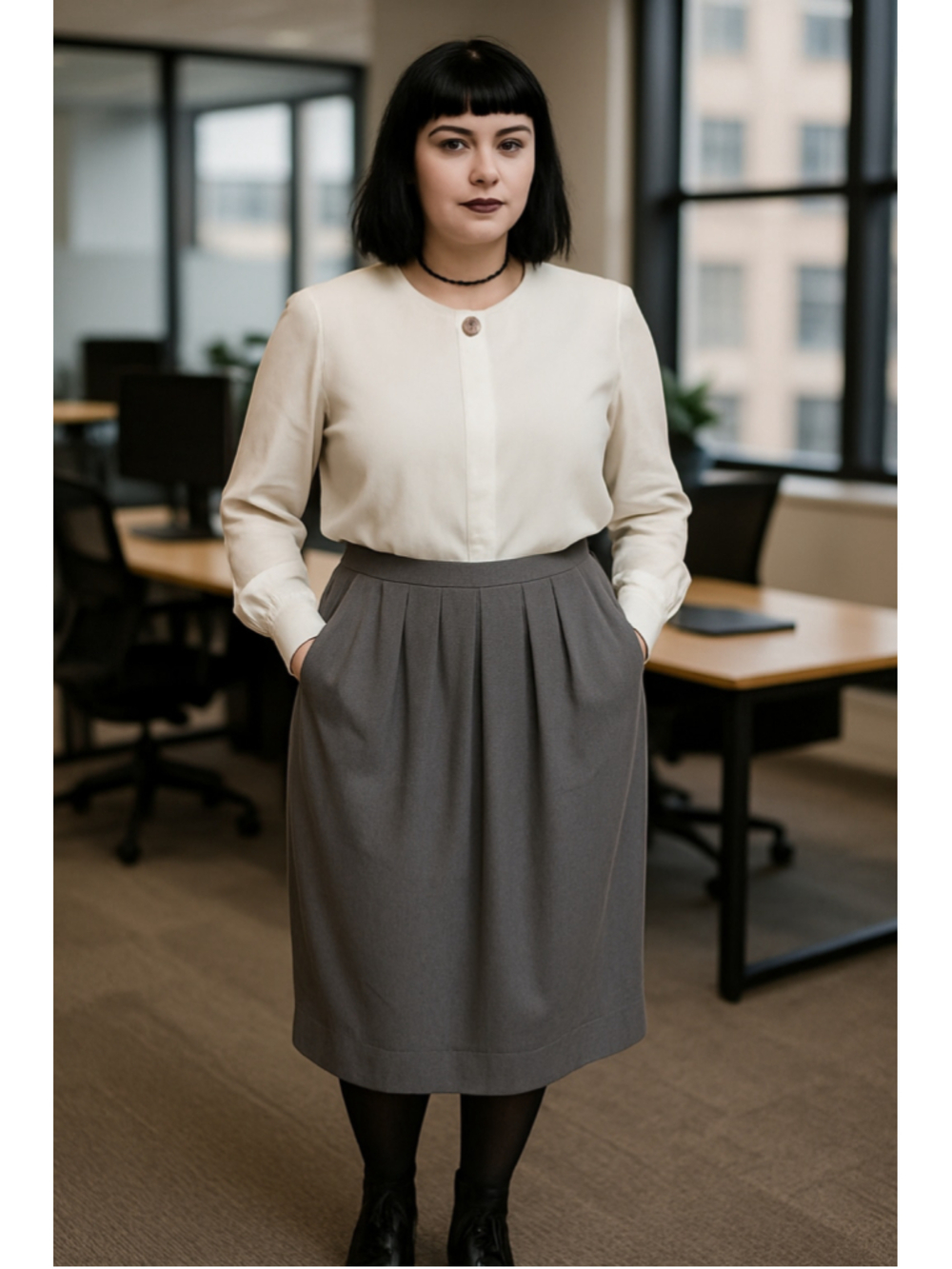 80s Secretary Midi Dress Pleated Tapered Peg Skirt with Pockets Vintage Academia